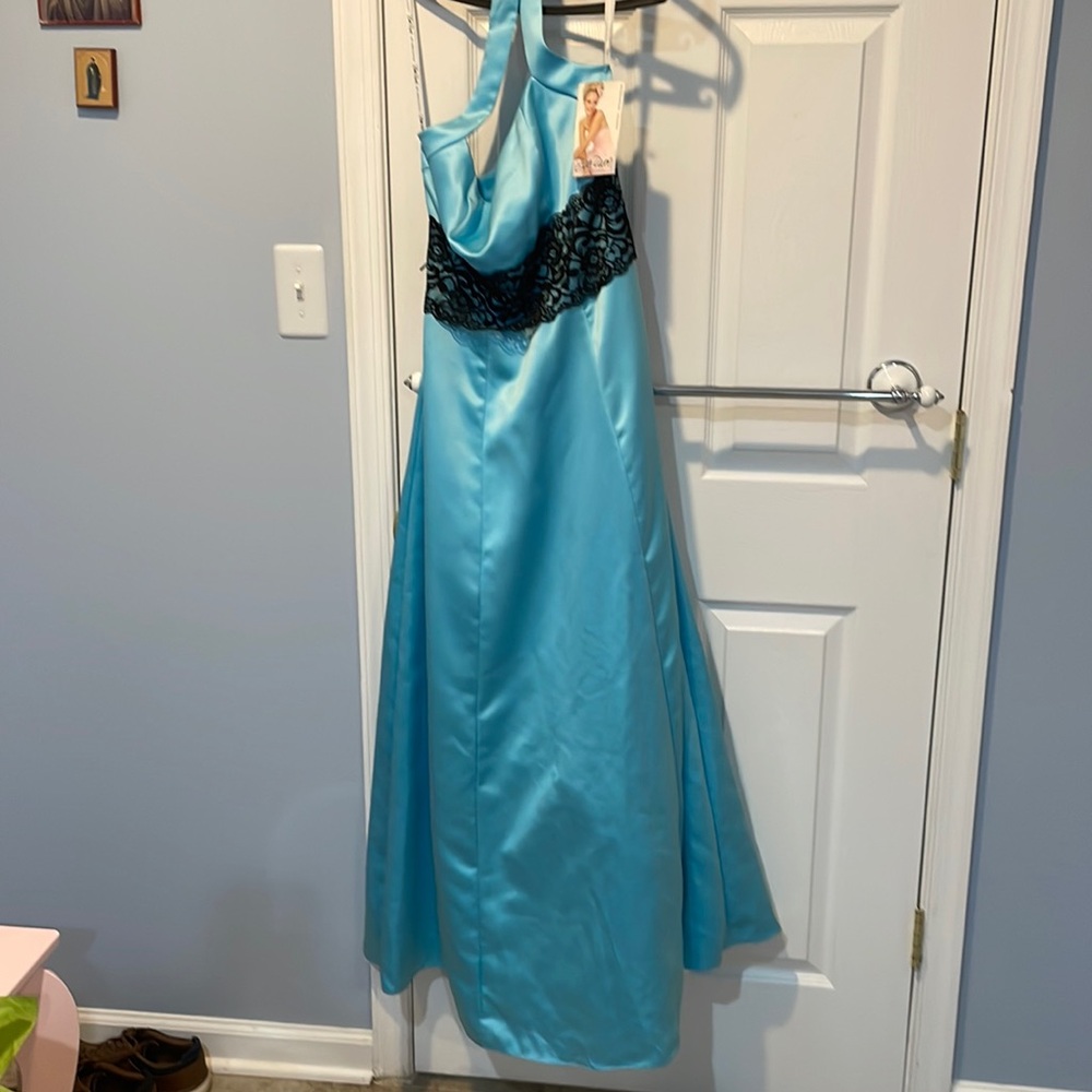 Blue backless ZumZum long dress with black lace, size 5/6